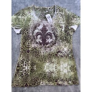 NWT Katie's Kloset Green Leopard Fleur De Lis Rhinestone Top Medium Y2K Bling